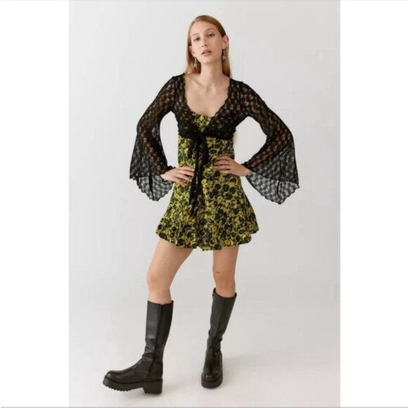 Urban Outfitters | Camille Mini Frock Dress Yellow Green Digitized Floral Small - Picture 15 of 16